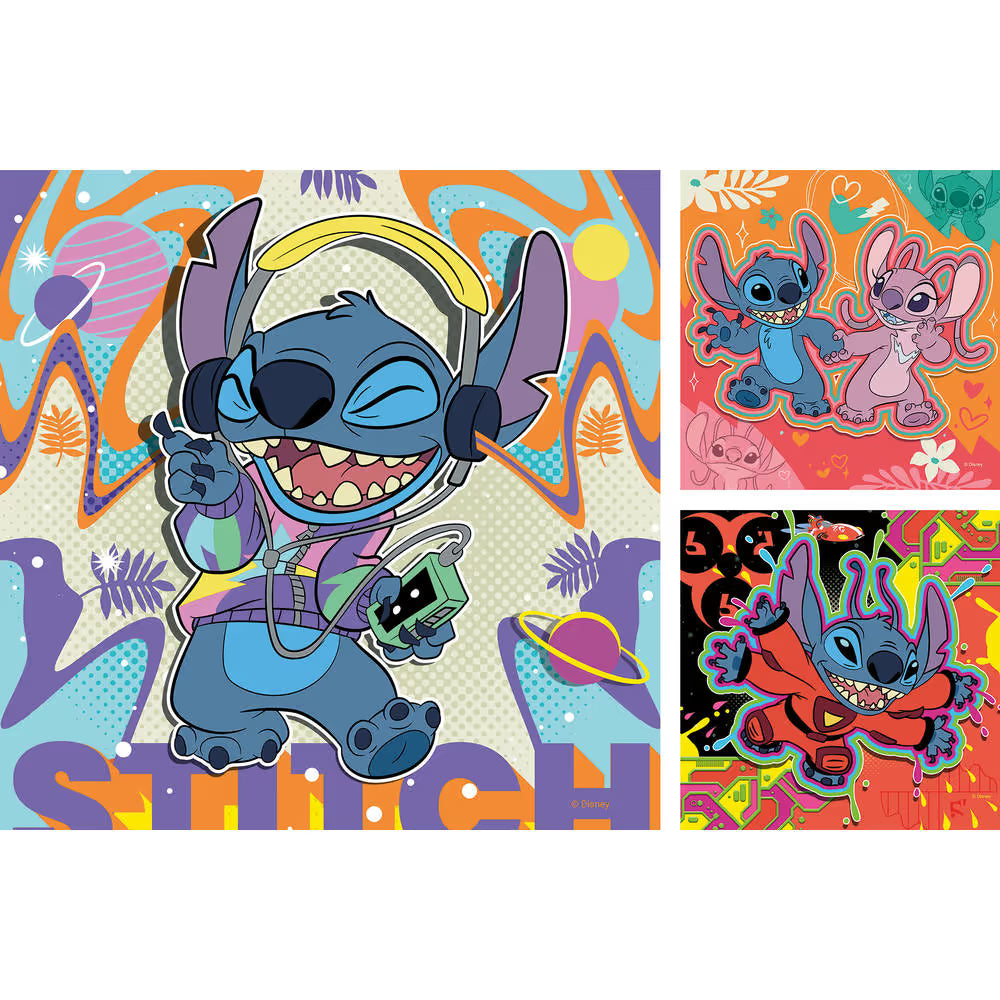 Set van drie Ravensburger puzzels met Stitch in verschillende vrolijke scènes, kleurrijk en perfect voor kinderen vanaf 5 jaar.