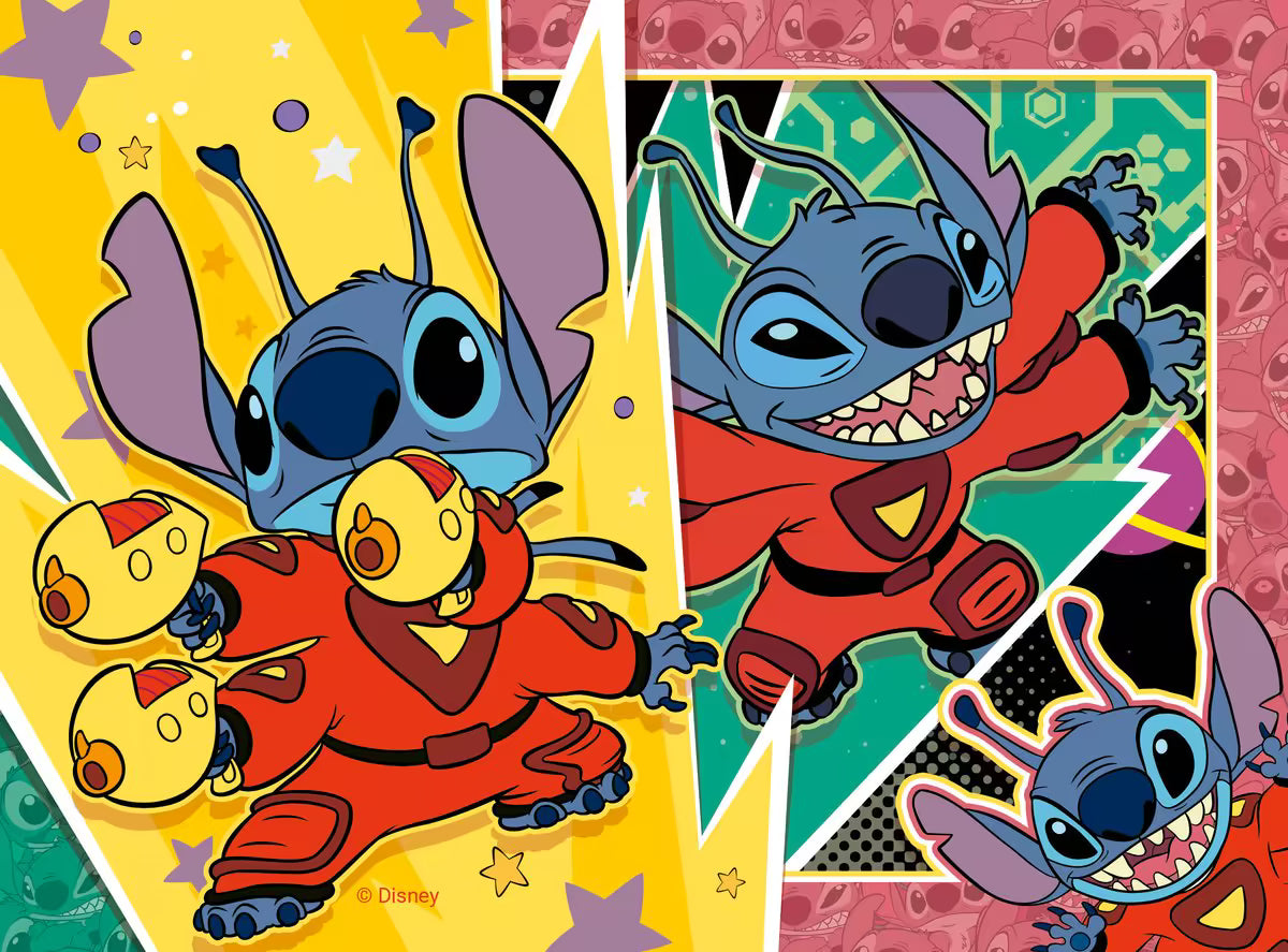 Stoere Stitch in rood superheldenpak met laserwapens, kleurrijke achtergrond, Ravensburger puzzle Stitch voor kinderen.