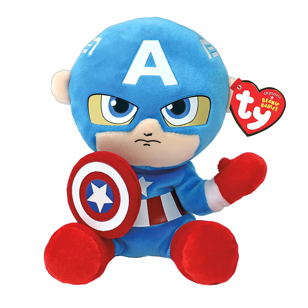Ty Marvel Captain America Knuffel 15cm in blauw en rood pluche, zachte TY knuffel ideaal cadeau voor kinderen.