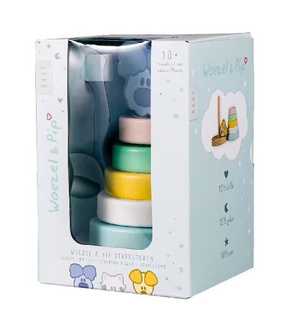 Houten Woezel en Pip Baby Stapeltoren in doos met blauwe Woezel en kleurrijke ringen, duurzaam speelgoed hout.