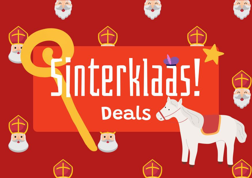 Sinterklaas deals banner met staf, Amerigo en Sinterklaas op rode achtergrond, feestelijke cadeaudeals voor kinderen.