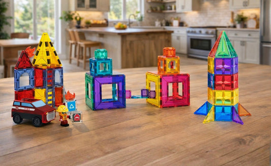 Connetix Magna-Tiles en Coblo opgebouwd op een tafel naast elkaar ter vergelijking van de magnetische bouwstenen.