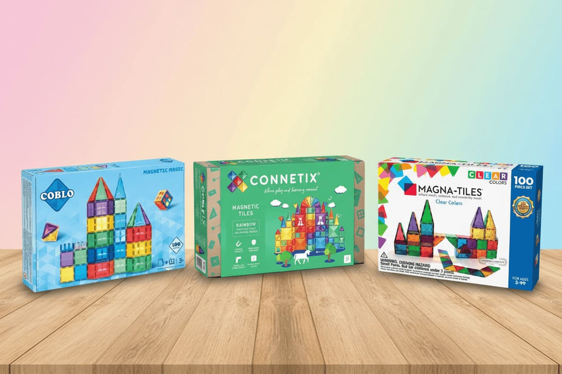 drie merken magneetisch speelgoed in doos magna tiles connetix coblo