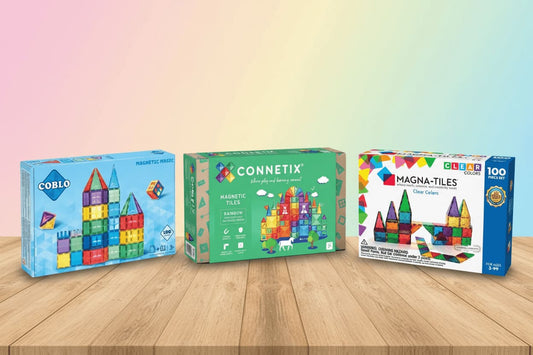 drie merken magneetisch speelgoed in doos magna tiles connetix coblo