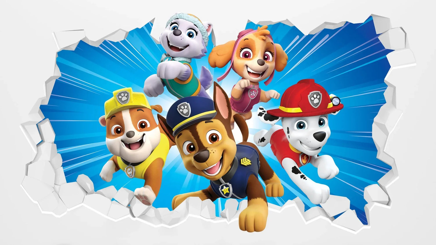 PAW Patrol pups Chase, Marshall en Rubble rennen vrolijk op avontuur, kleurrijk speelgoedthema voor kinderen.