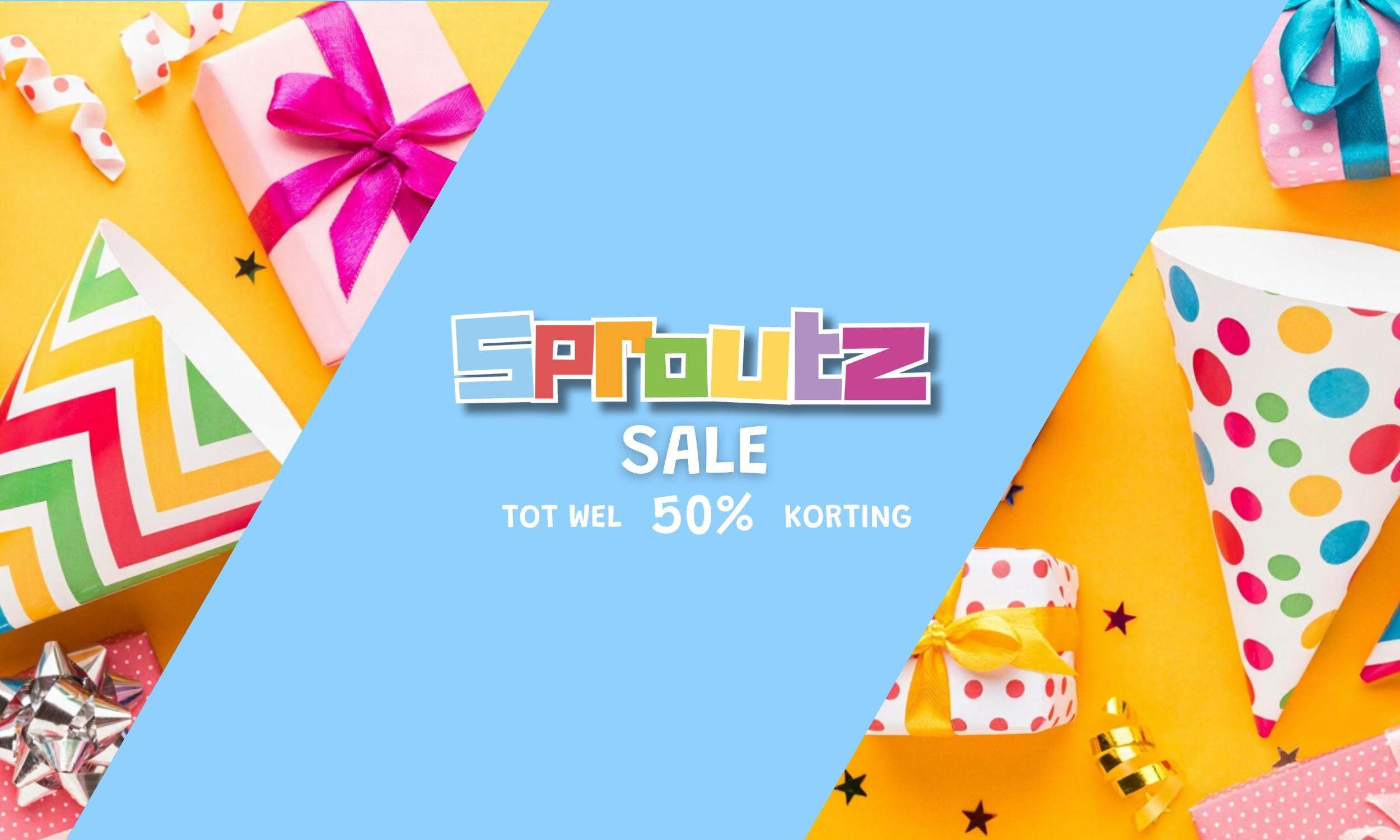 Banner van sproutz met sale en actie tot 50% korting met een kleurrijk sproutz logo en cadeau's op de achtergrond.