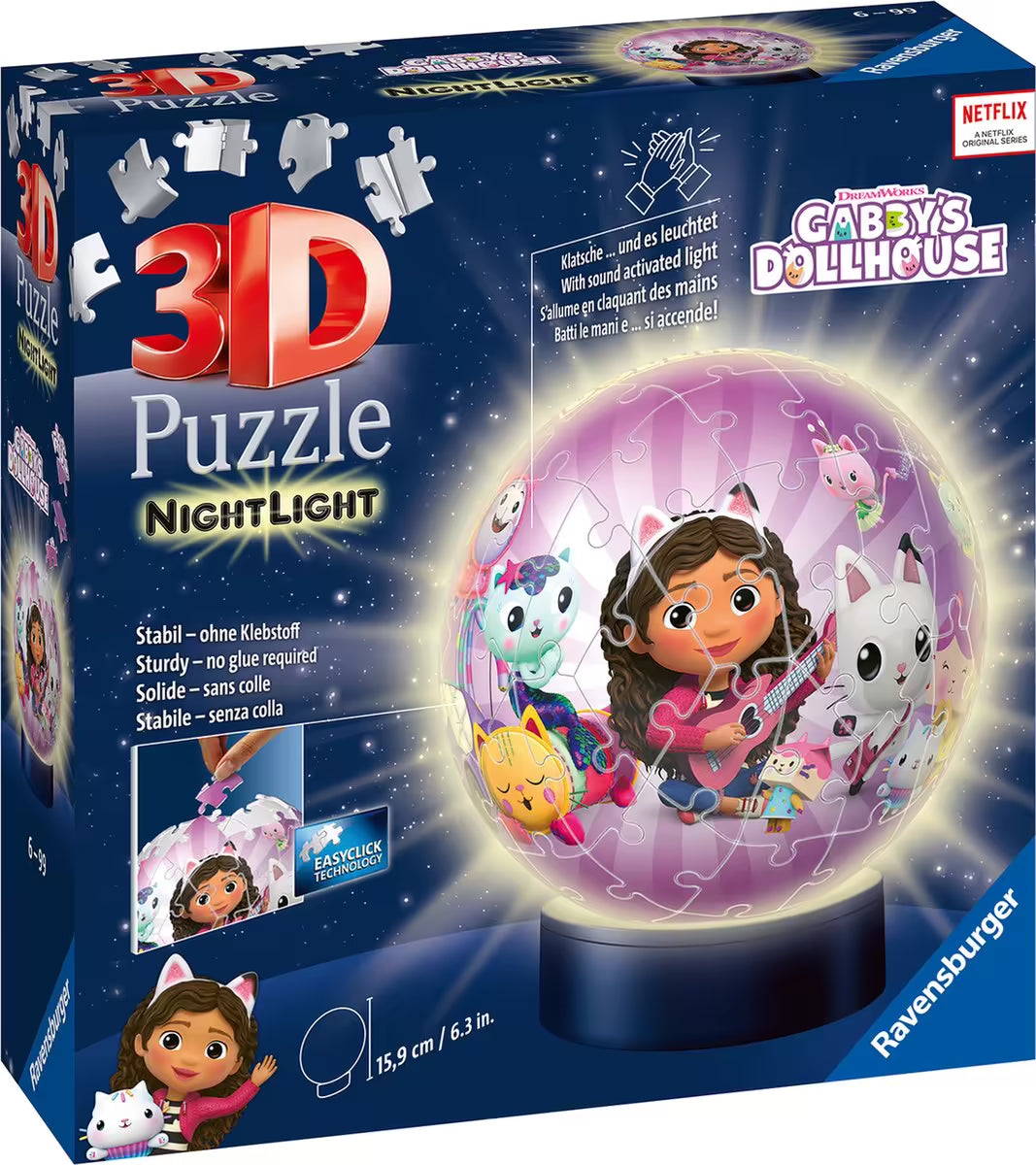 Voorkant verpakking Ravensburger 3D puzzel Gabby’s Dollhouse met nachtlampje kind en kleurrijke figuren.