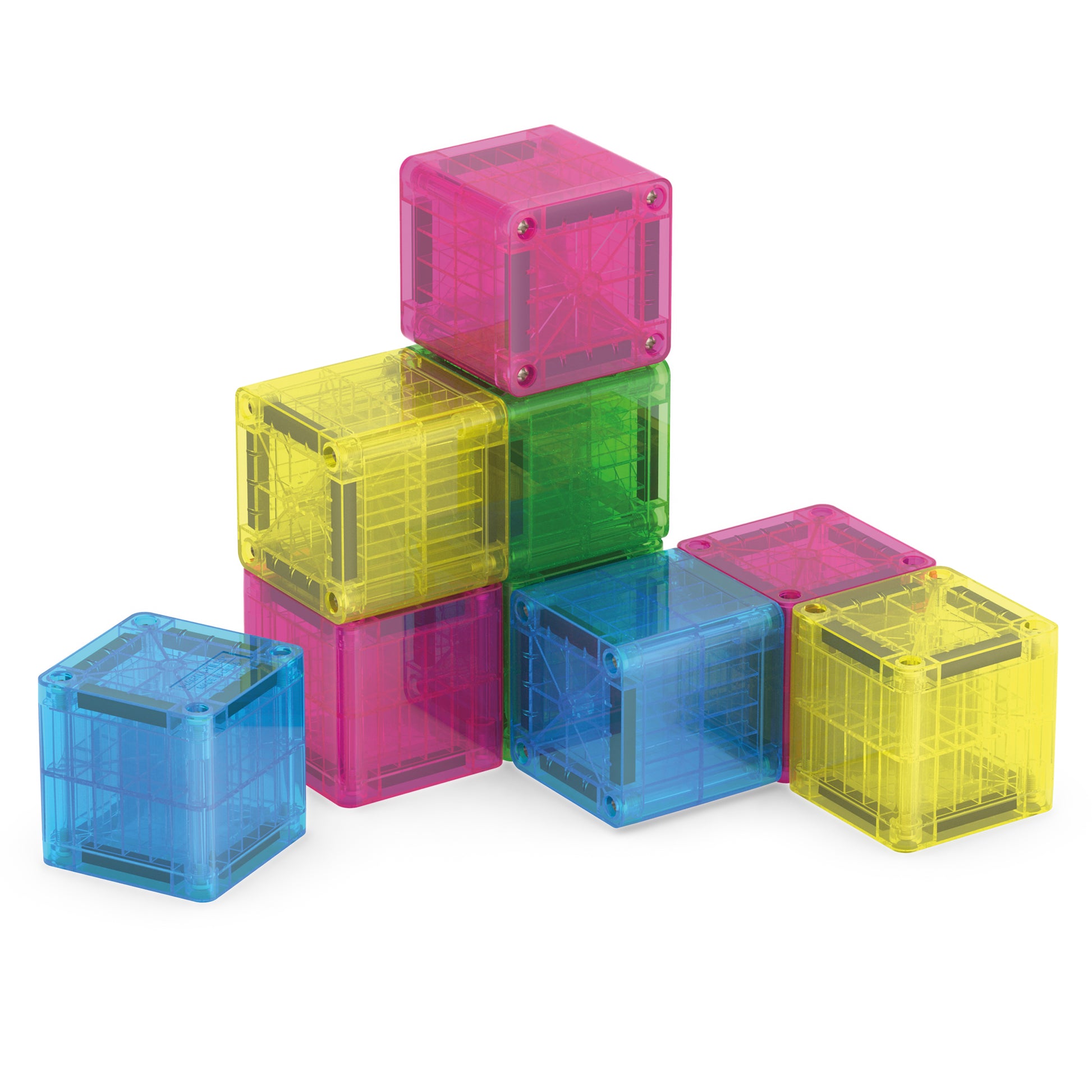 9 magnetische onderdelen MicroMags Cubes in roze, geel, groen en blauw transparant, bovenaanzicht