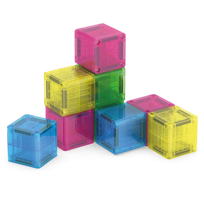 9 magnetische onderdelen MicroMags Cubes in roze, geel, groen en blauw transparant, bovenaanzicht