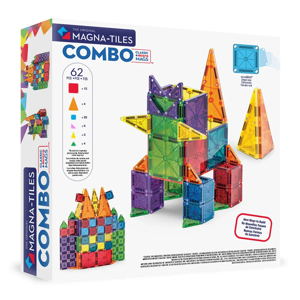 Achterzijde doos Magnetic Magna Tiles Combo MicroMAGS set met levendige magnetische vormen en een kasteel gebouwd.