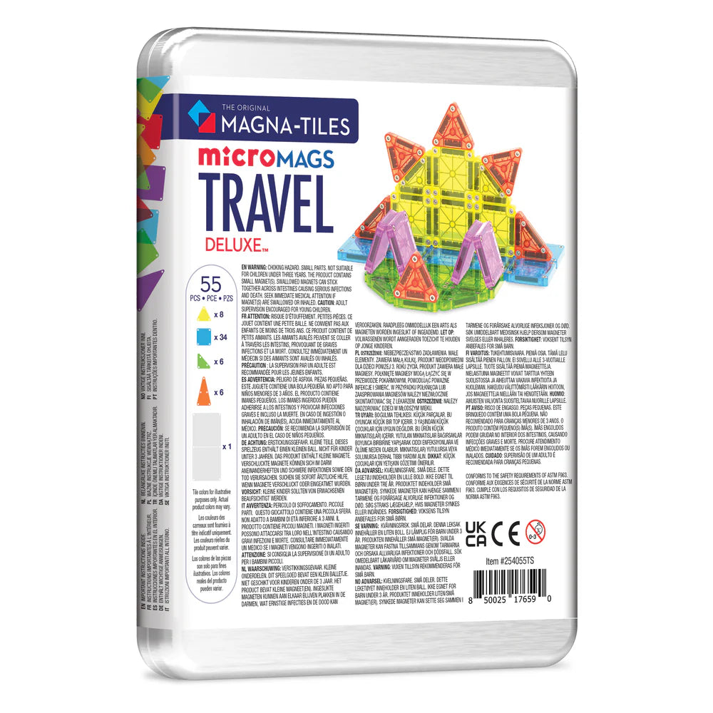 Magnetisch speelgoed in metalen doos met 55 MicroMags van Magna Tiles in reisformaat, Travel Set Deluxe.