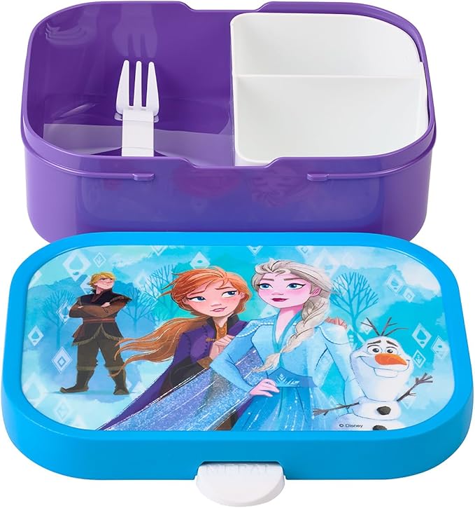 Blauw paars Mepal Campus Lunchbox frozen open met vakjes en vorkje, ideaal als kindvriendelijke broodtrommel
