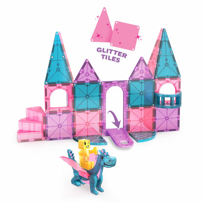 Magnetic Magna Tiles Castle met glittertegels, 25 magnetische microMAGS bouwstenen en draakfiguur voor fantasierijk spelen.
