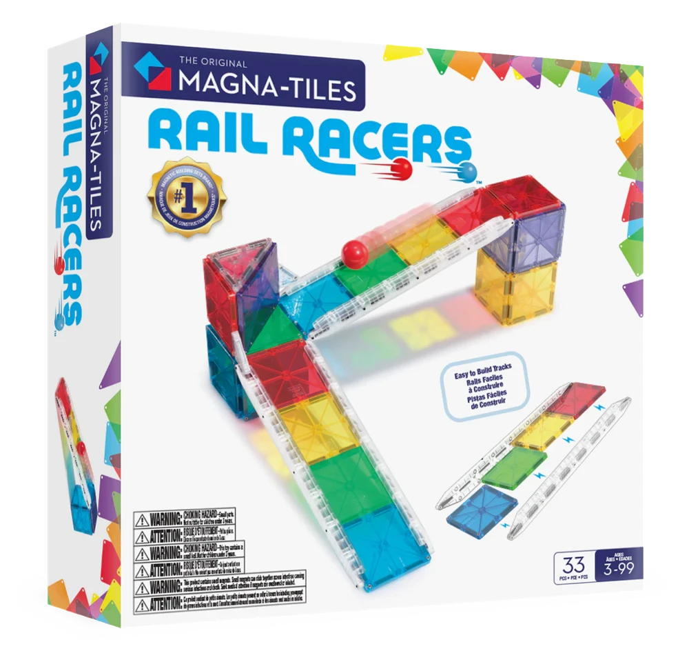Rail Racers verpakking met 33 magnetische tegels en micromags voor een knikkerbaan magnetisch.