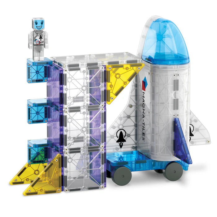Magnetic Magna-Tiles space set met blauwe ruimteshuttle, astronaut en lanceerplatform van magnetische bouwstenen speelgoed.