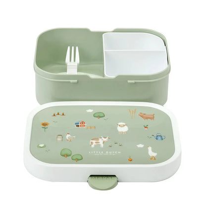 Broodtrommel Little Dutch Little  Farm met roze deksel, vakindeling en vorkje, vrolijke Mepal Campus lunchbox.