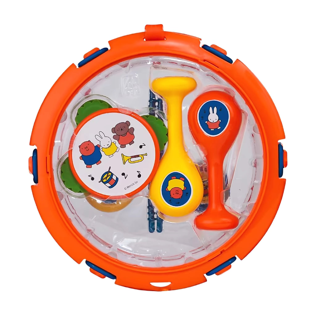 Nijntje Muziekset zijkant verpakking met castagnetten en Knorretje, kleurrijk sensorisch speelgoed voor peuters.