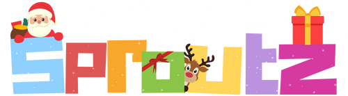 sproutz logo in kerst thema met een kerstman rendier en kerstcadeau