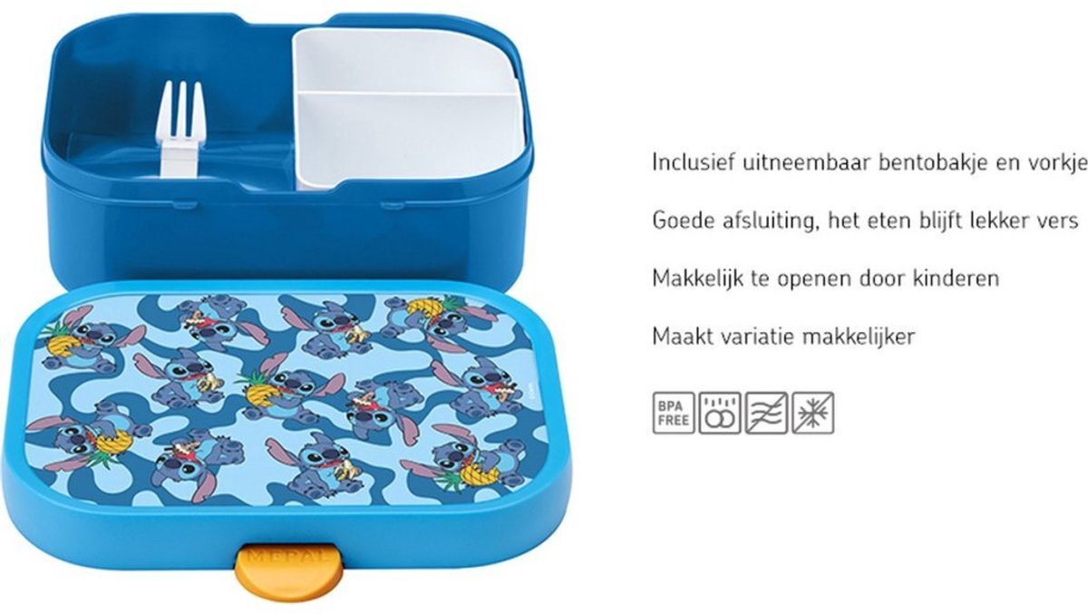 Open blauw-gele Stitch broodtrommel van Mepal met vakjes, vorkje en kleurrijke Stitch print.