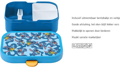Open blauw-gele Stitch broodtrommel van Mepal met vakjes, vorkje en kleurrijke Stitch print.