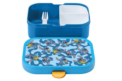 Blauw geel Mepal Campus Lunchbox Stitch open met vakjes en vorkje, ideaal als kindvriendelijke broodtrommel