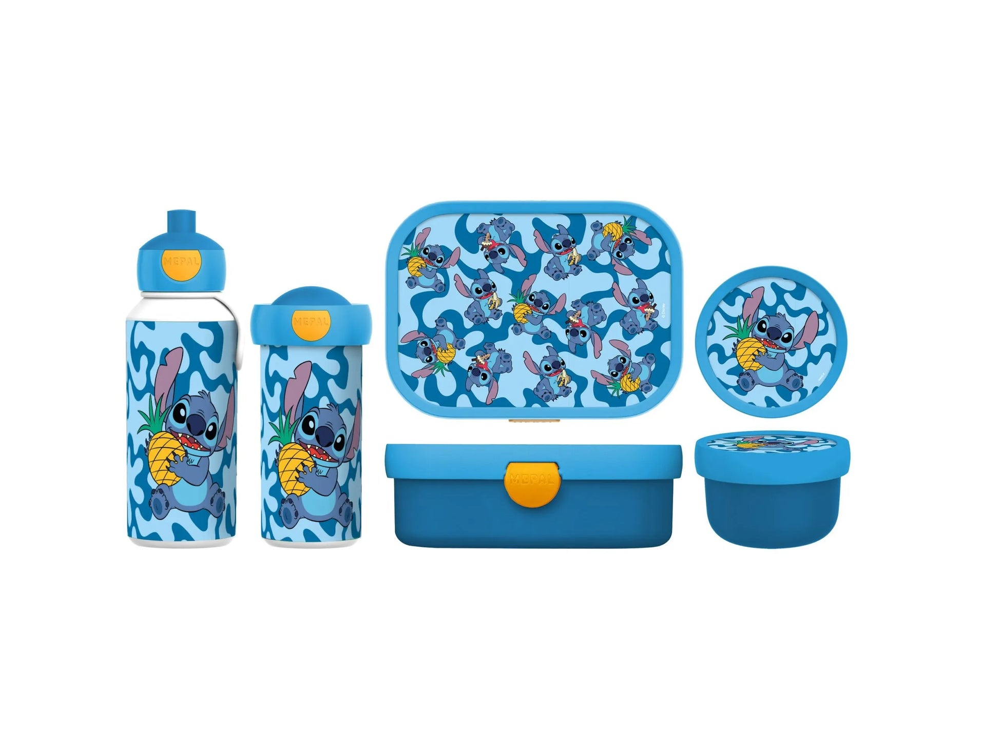 Blauw-gele Stitch broodtrommel en duikfles set van Mepal met alle opties in kleurrijke Stitch print.