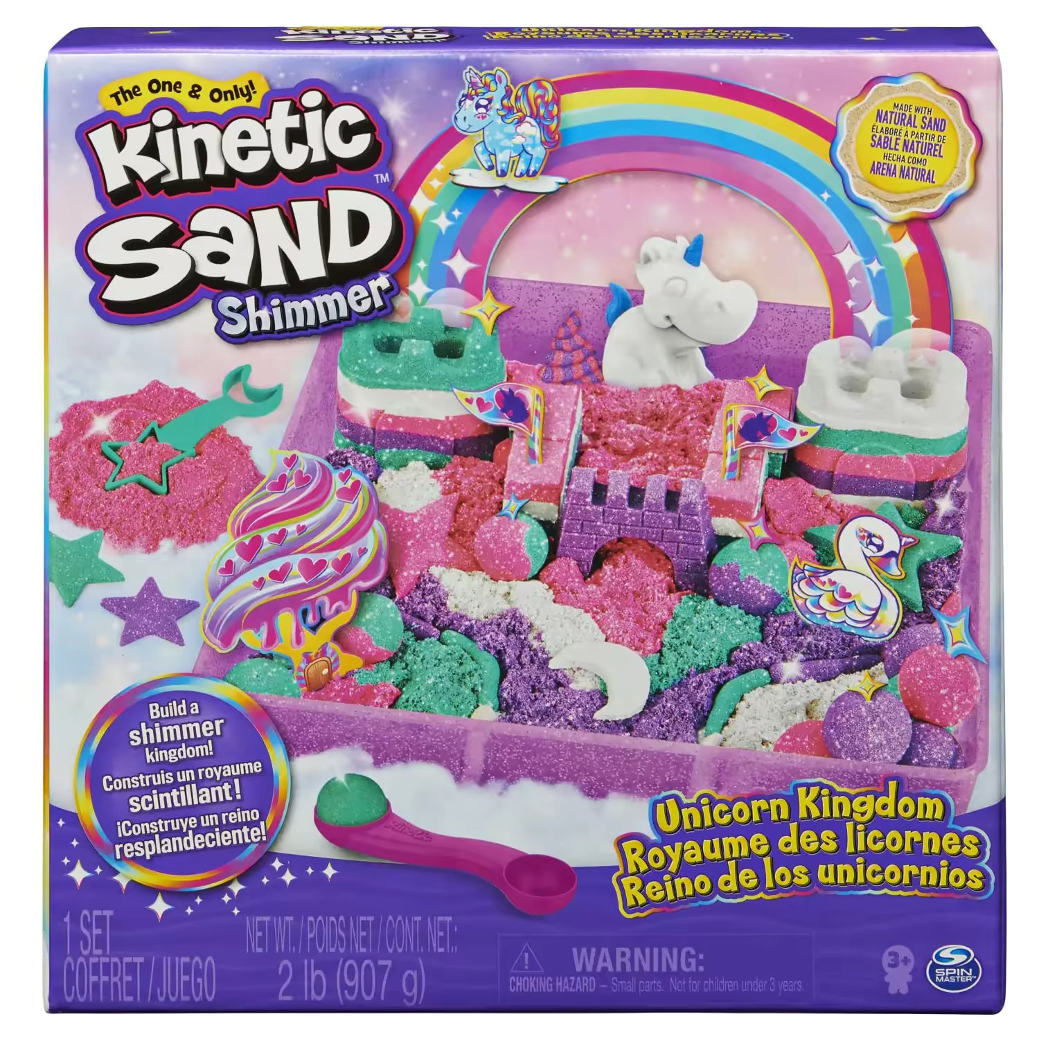 Kinetic Sand Unicorn Kingdom speelset met kleurrijk zand en accessoires voor creatief kinderspel.