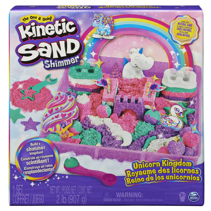 Kinetic Sand Unicorn Kingdom speelset met kleurrijk zand en accessoires voor creatief kinderspel.