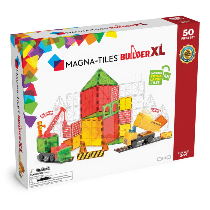 Voorkant van de Magnetic Magna Tiles Builder XL doos met 50 magnetische bouwstenen inclusief constructie voertuigen.