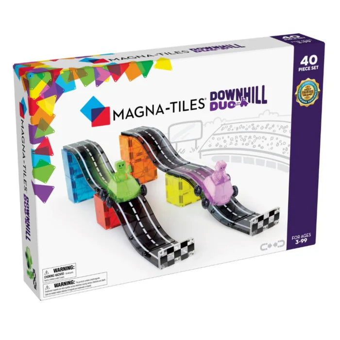 Voorkant van de Magnetic Magna Tiles Downhill Duo doos met 40 magnetische bouwstenen in geel en oranje, inclusief racebanen.