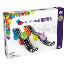 Voorkant van de Magnetic Magna Tiles Downhill Duo doos met 40 magnetische bouwstenen in geel en oranje, inclusief racebanen.