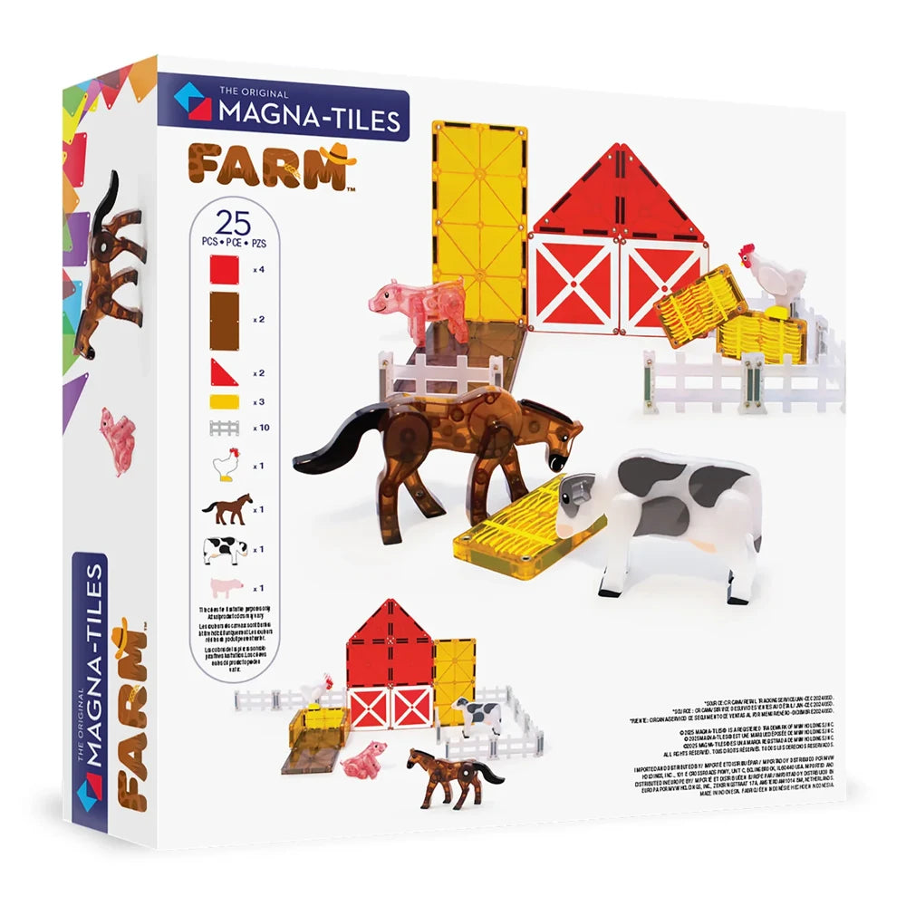 Achterkant doos van de magnetic Magna Tiles farm animals set en bevat 25 magnetische bouwstenen met boerderij dieren.