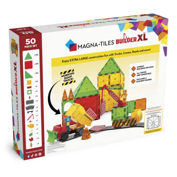 achterkant van de Magnetic Magna Tiles Builder XL doos met 50 magnetische bouwstenen met constructie voertuigen.