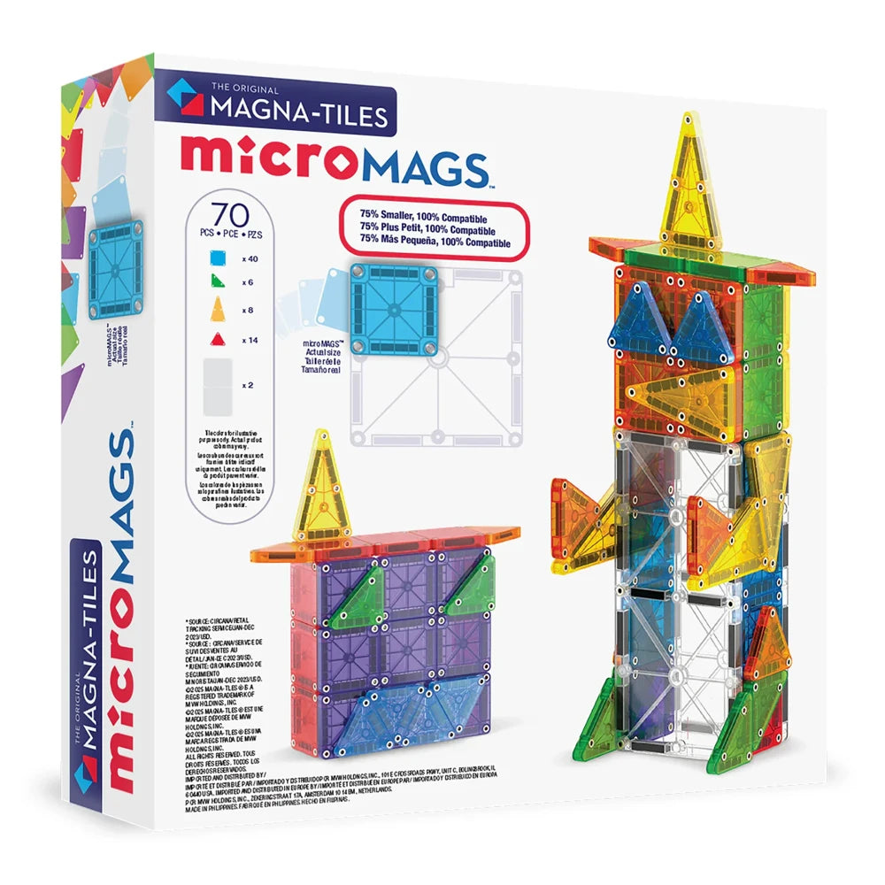Achterkant doos van de magnetic Magna Tiles deluxe microMAGS set bevat 70 magnetische bouwstenen in diverse kleuren