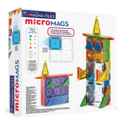 Achterkant doos van de magnetic Magna Tiles deluxe microMAGS set bevat 70 magnetische bouwstenen in diverse kleuren