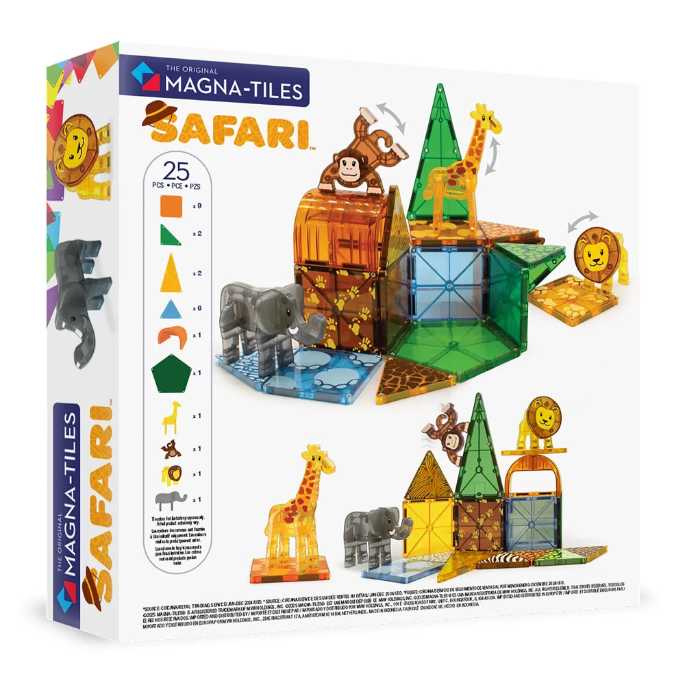 Achterkant verpakking van magnetic Magna Tiles Safari Animals met 25 magnetische bouwstenen en dierenspeelgoed voor kinderen.