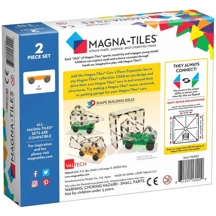 Achterkant van een Magna Tiles-doos met de inhoud van de Magnetic Magna Tiles Cars Groen & Geel-set. Inclusief diagrammen en veiligheidswaarschuwingen. Artikelnr. 16022.
