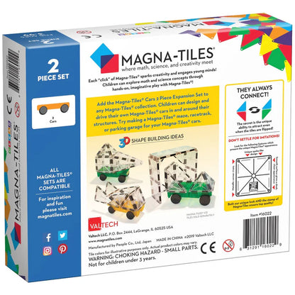 Achterkant van een Magna Tiles-doos met de inhoud van de Magnetic Magna Tiles Cars Groen & Geel-set. Inclusief diagrammen en veiligheidswaarschuwingen. Artikelnr. 16022.