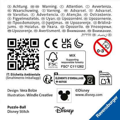 Achterzijde van de verpakking van de Ravensburger 3D Puzzle-Ball Disney Stitch met waarschuwingen en keurmerken voor veilig gebruik.