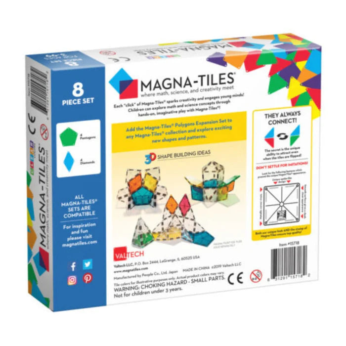 Achterkant van een Magna Tiles Polygons Expansion Set-doos met kleurrijke ontwerpen en STEAM-leerideeën voor kinderen.