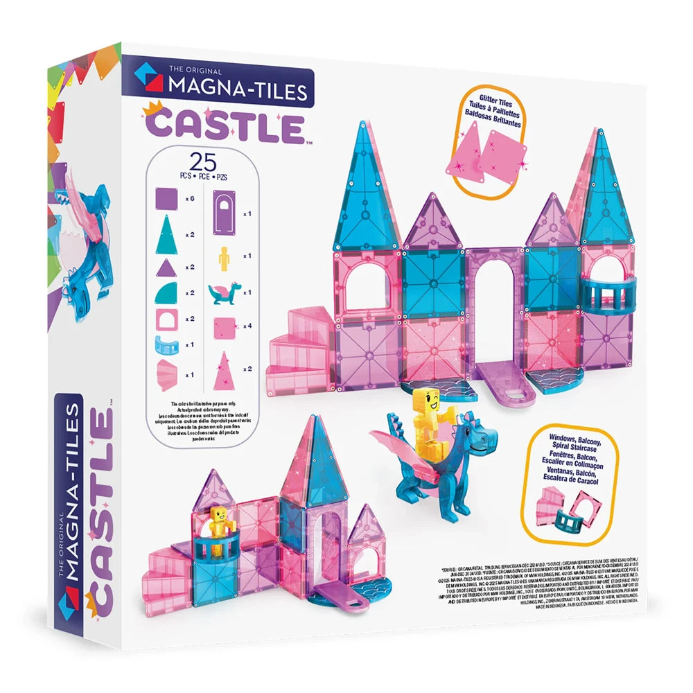 Achterkant verpakking van magnetic Magna Tiles Castle met 25 magnetische microMAGS bouwstenen, ramen, balkon en draak.