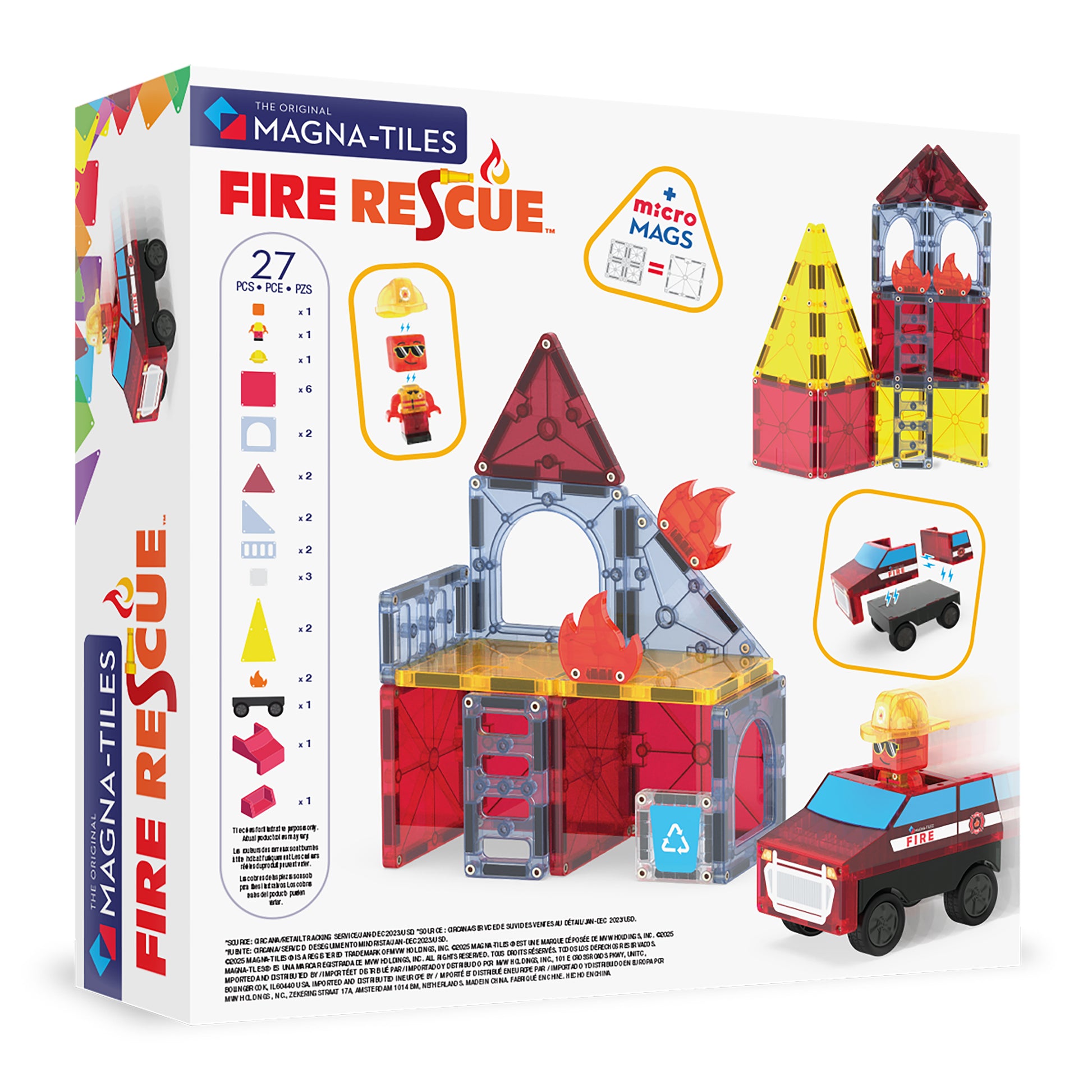 Achterzijde magna tiles Fire Rescue verpakking met MicroMags inhoud en magnetisch speelgoed overzicht