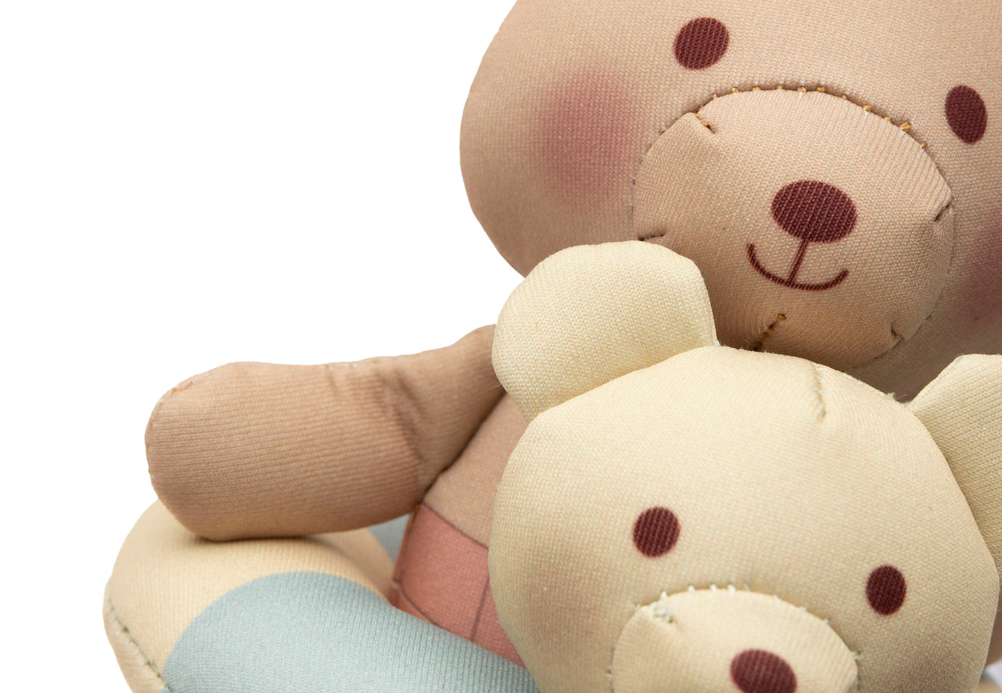 Badspeelgoed baby close-up: twee Teddy beren met zwemband, zacht textiel in beige en roze