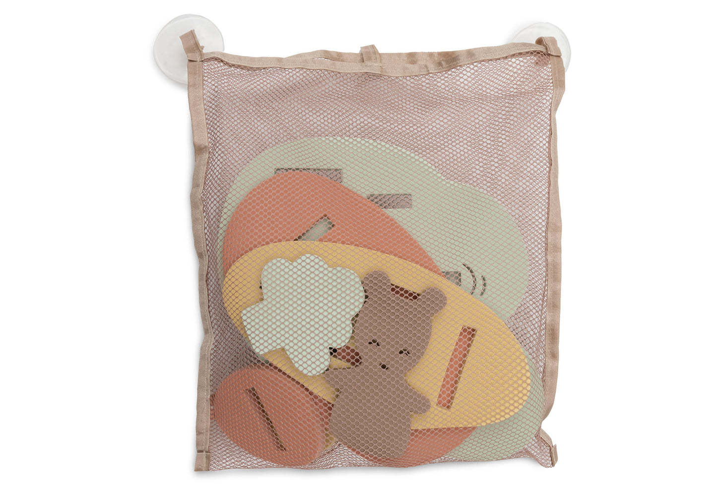 Badspeelgoed opbergen met beige nettas inclusief Jollein Kangaroots foam puzzels en dierenfiguren
