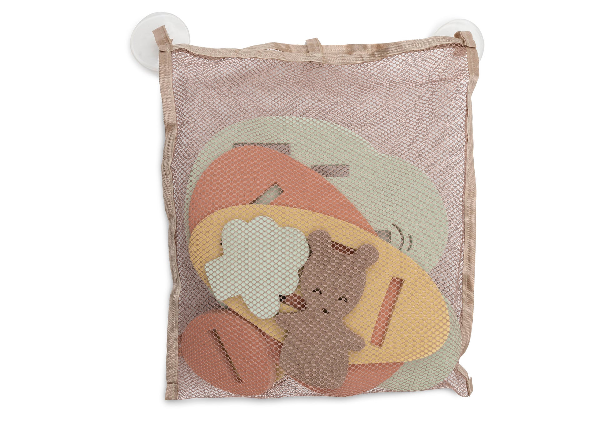 Badspeelgoed opbergen met beige nettas inclusief Jollein Kangaroots foam puzzels en dierenfiguren
