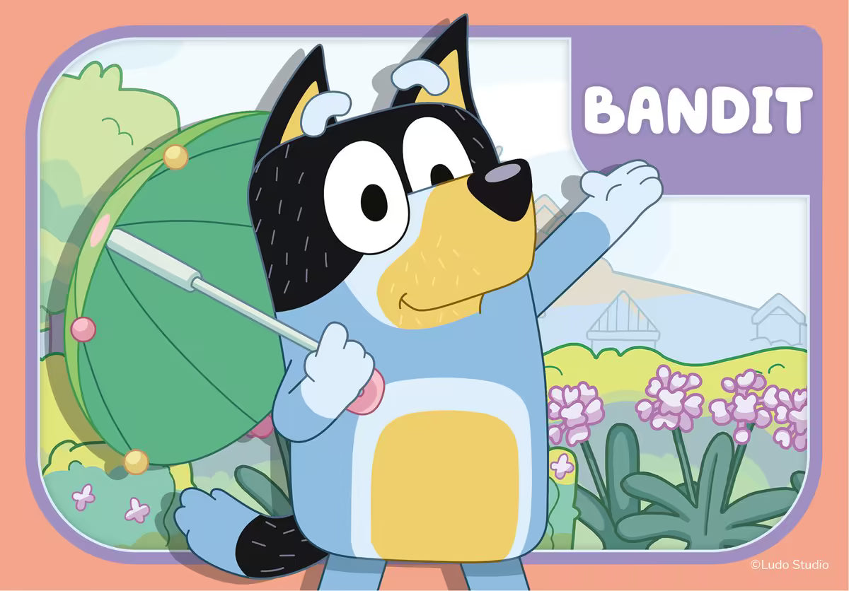 Afbeelding van Bandit uit Bluey, de vaderhond met een groene paraplu, vrolijk en kindvriendelijk ontworpen voor peuters.
