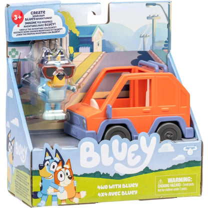 Voorkant verpakking van Bluey auto 4x4 inclusief Bluey figuur, kindvriendelijk peuter speelgoed van Sproutz.