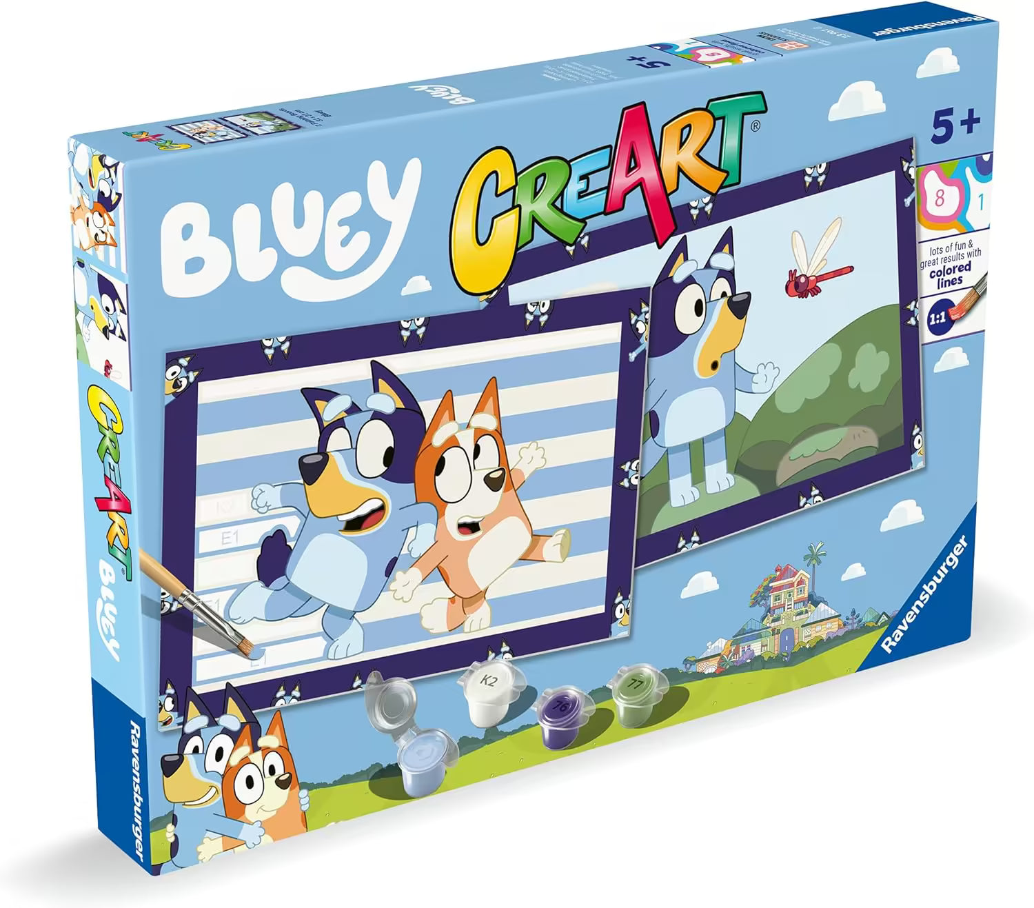 Voorkant verpakking Ravensburger CreArt Bluey schilderpakket met Bluey en Bingo, leuk cadeau en knutsel idee vanaf 5 jaar.
