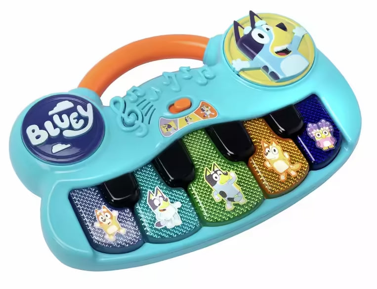 Blauw Bluey keyboard met kleurrijke toetsen en figuren Bluey, Bingo, Bandit, Chilli en Indy, veilig peuter speelgoed.