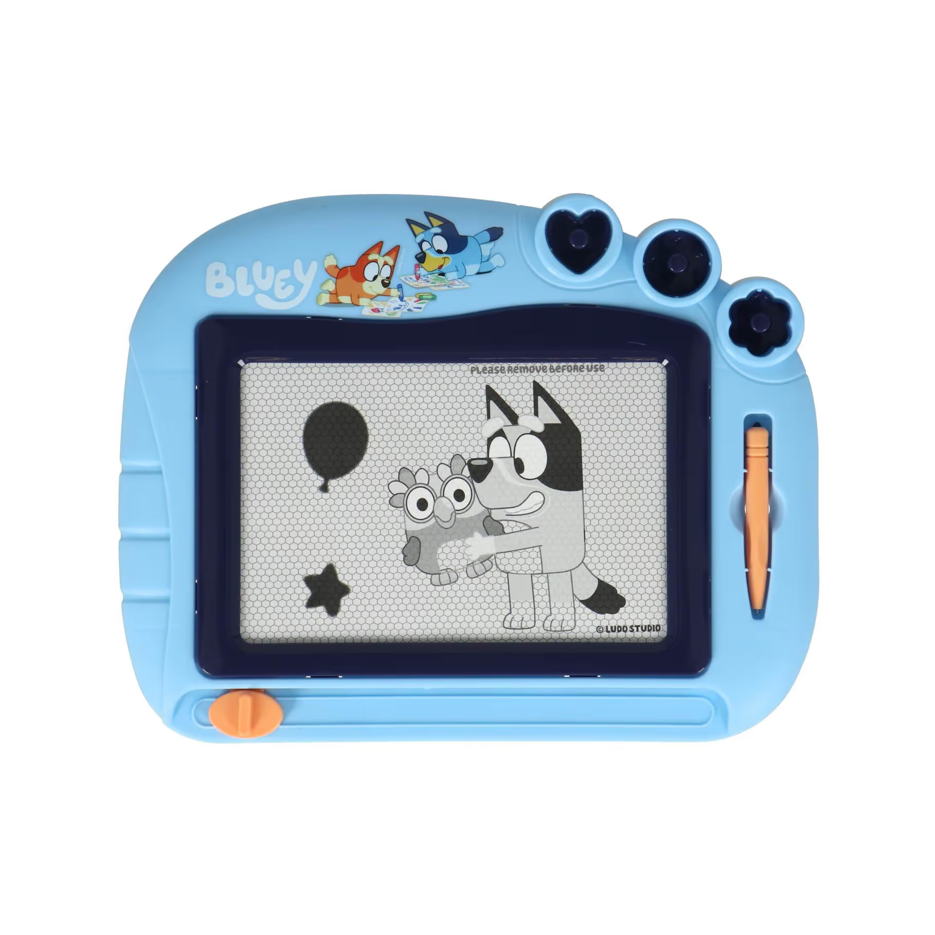 Bluey magnetisch tekenbord in blauw, voorkant met pen en figuurtjes, veilig creatief speelgoed voor kinderen.